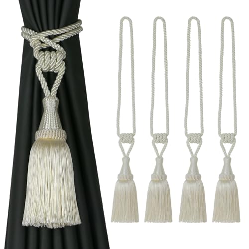BEL AVENIR 4 Pack Tassel Curtain Tiebacks Handmade Holdbacks (Cream) - color: Cream, size: 4 Pack