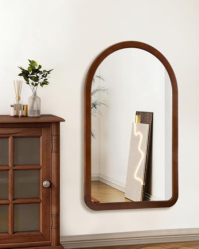 Arched Mirror 30 x 48 Inch,Walnut Brown Wood Rustic Bathroom Tempered Wall Mirror with Wood Frame,Round Corner Arch Farmhouse Wooden Vanity Mirror for Living Room,Entryway or Bedroom - color: Walnut B, size: 48"L x 30"W