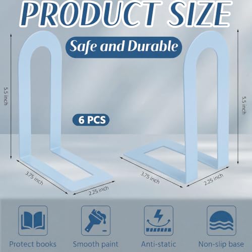 Chunful 6 Pcs Light Blue Metal BookEnds Shelves, 5.5 x 3.75 x 2.25 in - color: Light Blue, size: 5.5*3.75*2.25inch