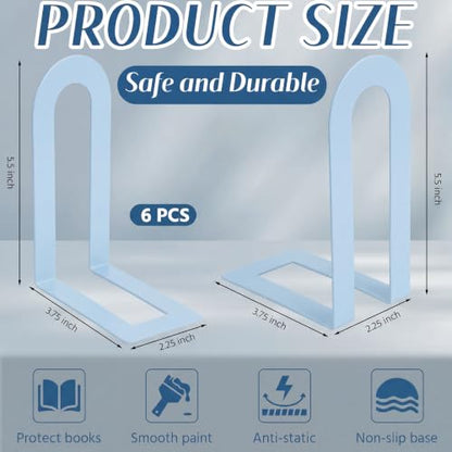Chunful 6 Pcs Light Blue Metal BookEnds Shelves, 5.5 x 3.75 x 2.25 in - color: Light Blue, size: 5.5*3.75*2.25inch