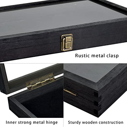 MOOCA Wooden Jewelry Display Case, Pocket Knife Display Case with Tempered Glass Top Lid and Removable Black Luxurious MDF Velvet Jewelry Pad, Black Color - color: 2) Black