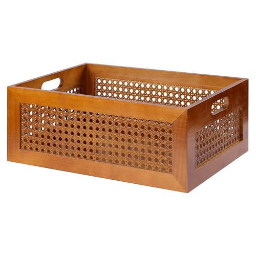 Rattan Wooden Box 15x11x6in Handmade Decorative Storage Basket with Handles - color: Brown, size: 1 Set - 15" x 11" x 5.9"