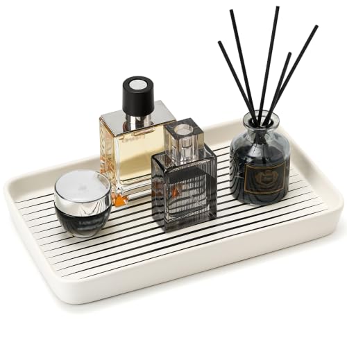 10"×6"×1" White Bathroom Vanity Tray for Countertop- Ceramic Decorative Organizer Tray for Dresser Tops, Toilet, Perfume, Sponge Holder Soap Dish Dispenser for Kitchen Counter- Black Stripes - color: White Color With Black Stripes-1 Pc