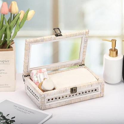 Hipiwe Handwoven Rattan and Wood Display Box with Clear Lid, Whitewash - color: Whitewash Color, size: X-Small, 9.8"x5.9"x3.1"