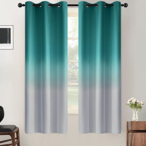 SimpleHome Teal to Grey White Ombre Room Darkening Curtains 63 Inch - color: Teal to Grayish White, size: 42"W x 63"L (Pack of 2)