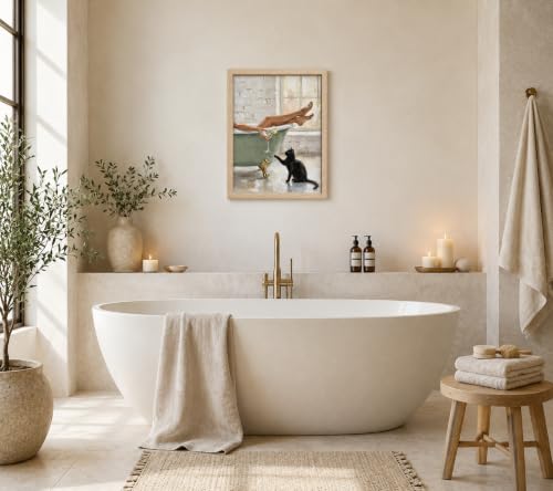 Framed Black Cat Bathtub Canvas Wall Art Poster Prints 12×16In1P Be Hung - color: bathroom-1, size: 12×16in