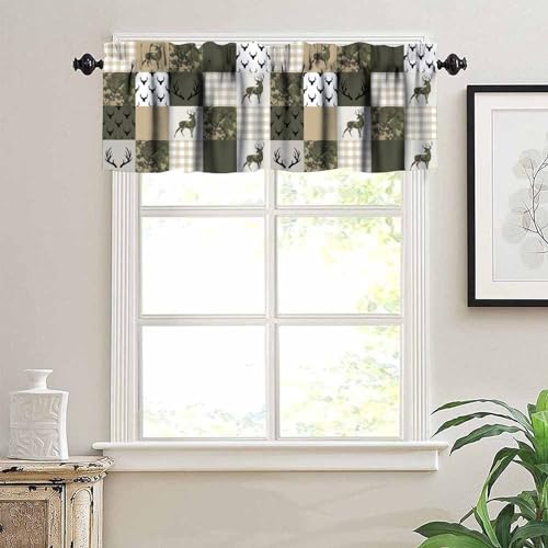 Camouflage Deer Window Valance for Kitchen, Vintage Camo Green Beige Plaid Rustic Cabin Wildlife Hunting Blackout Short Curtain for Farmhouse Bathroom Living Room Bedroom, 54x18inch - color: Deer-1