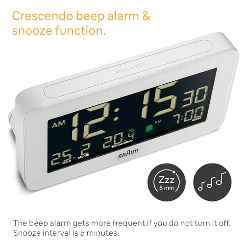 Braun Digital Alarm Clock with Date, Month and Temperature Displayed, Negative LCD Display, Quick Set, Crescendo Beep Alarm in White, Model BC10W. - color: White