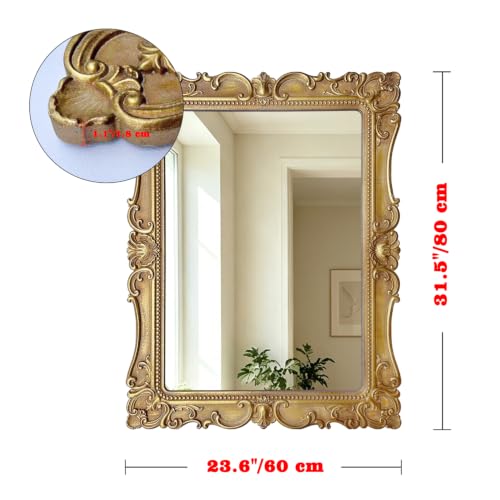 Vintage Rectangular Wall Mirror, Ornate Baroque Carved Wood Frame - color: Antique Gold, size: 31.5"L x 23.6"W