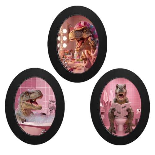 3Pcs Cute Pink Dinosaur Bathroom Oval Wall Art Framed Trendy Preppy Decor | Coquette T-Rex Oval Wall Decor - Cute Dinosaur Canvas Prints Pink Decor for Women Bathroom Vanity Dorm Dressing Room - color: color-P
