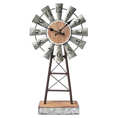 Rustic Windmill Table Clock for Living Room Decor, Vintage Galvanized Metal & Wood Desk Clock with Silent Quartz Movement, Farmhouse Windmill Decor for Living Room, Mantel, Shelf & Office - style: Windmill Clock