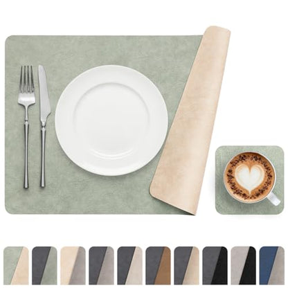 Vinyl Placemats Set of 6, Dual Sided Place Mats with Drink Coasters - color: Beige/Sage Green Two-tone, size: Set of 6