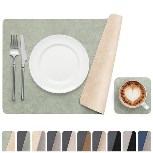 Vinyl Placemats Set of 6, Dual Sided Place Mats with Drink Coasters - color: Beige/Sage Green Two-tone, size: Set of 6