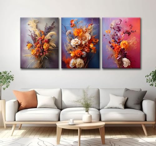 CHTEXA Boho Dried Flower Canvas Wall Art, 3 Piece Gallery Wrapped, 12x16 - color: Dark flowers and grasses-5, size: 12x16 inch