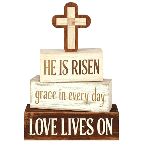 Easter Decorations - He Is Risen Cross Tiered Tray Decor - Religious Easter Wooden Tabletop Sign - Faith Farmhouse Easter Home Decor for Shelf Mantel Indoor - Spring Home Decor for Living Room, Kitchen Counter - style: Cross