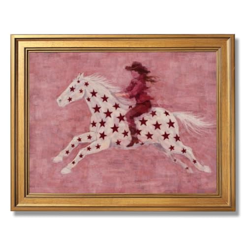 Abstract Star Patterned Horse Pink Oil Painting Canvas Prints Hand Drawn Mid Century Modern Western Folk Art Poster Contemporary Horizontal Wall Decor for Living Room Office 16x24inch Golden frame - color: Style-2 Golden Frame, size: 16"L x 24"W