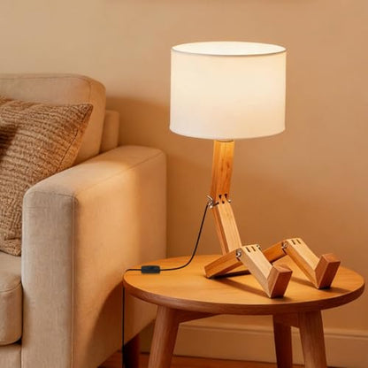 Robot Bedside Lamp, Fabric Lampshade Match Foldable Solid Wood Body, Creative E27 Screw Table Lamp for Bedroom Living Room - style: Modern