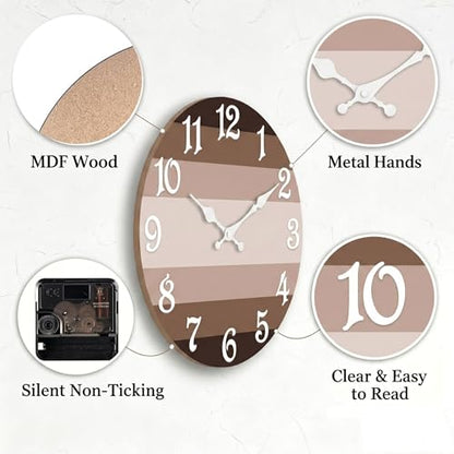 ArtSocket Round Wall Clock Silent Non-Ticking 8", Striped Brown - color: Rustic Farmhouse Coastal, size: 8in