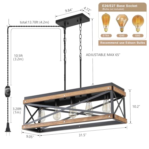Rustic Farmhouse Plug in Kitchen Island Lighting, 5 Lights Rectangular Pendant Light Fixture with Adjustable Chain, Dimmable Switch, Oak Wood and Metal Linear Chandelier for Dining Room Home, Black - size: Large 5-Light Hanging Lamp