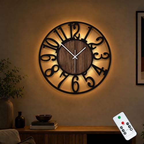 20" Silent Wall Clock – Adjustable Night Light, Battery Operated - color: Black Walnut - Arabic Numerals, size: 20 inch(50 cm)