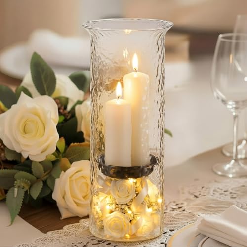 Patelai 15 Inch Large Glass Hurricane Candle Holder for Home Wedding Holiday Centerpiece Decoration Tall Clear Pillar Candle Holder with Removable Metal Insert