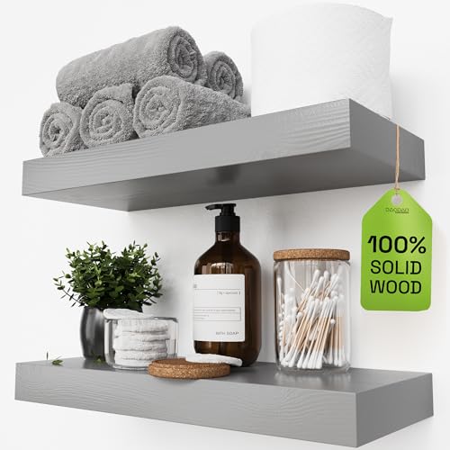Solid Wood Floating Shelves for Wall 16 Inch Grey, Wooden Bathroom Shelf - color: Grey, size: 16 Inch