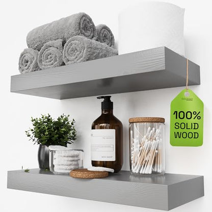 Solid Wood Floating Shelves for Wall 16 Inch Grey, Wooden Bathroom Shelf - color: Grey, size: 16 Inch