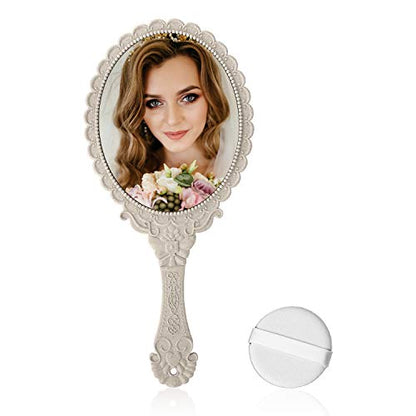 YUSONG Makeup Handheld Mirror with Handle(2 Pack Beige) - color: 2 Pcs Lvory White