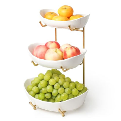 Kanwone Fruit Bowl for Kitchen Counter - 3 Tier with No Assembly Gold Stand & White Ceramic Bowls, Tiered Fruit Basket for Storage, Vegetables, Cake Display, Party Serving & Home Decor - size: 3 Tier