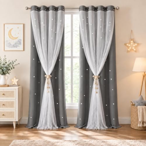 Grey Kids Star Cutout Blackout Curtains for Bedroom 52"W x 95"L 2 Panels - color: Grey, size: 52"W x 95"L (Pack of 2)