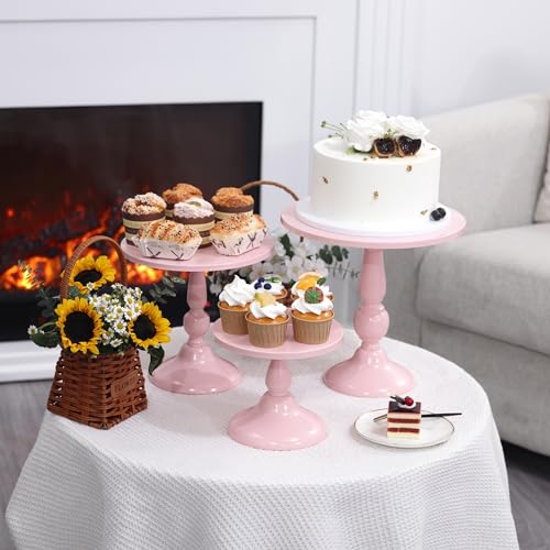 Set of 3 Pink Cake Stands, QENUIITEA Metal Round Cake Holder Dessert Pie Pizza Display Stand 8" 10" 12" Serving Tray Decoration for Wedding Celebration Party Birthday Baby Shower - color: Pink