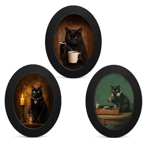 3Pcs Vintage Black Cat Oval Wall Art Framed Dark Moody Decor | Moody Black Cat Oval Wall Decor - Whimsical Cats Canvas Prints Hanging Decor for Home Farmhouse - color: color-L