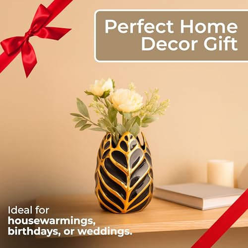 Contemporary Ceramic Flower Pot Vase for Bathroom, 8", Black & Gold