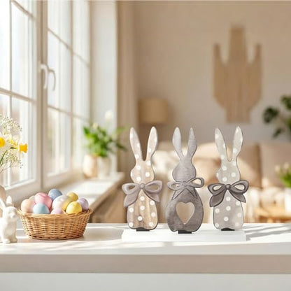 Smile Easter Bunny Trio Wooden Decor, Rustic 3-Bunny Silhouette Sign with Bows & Heart Detail for Spring Tiered Tray Decor - style: Brown Bunny