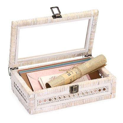 Hipiwe Handwoven Rattan and Wood Display Box with Clear Lid, Whitewash - color: Whitewash Color, size: X-Small, 9.8"x5.9"x3.1"