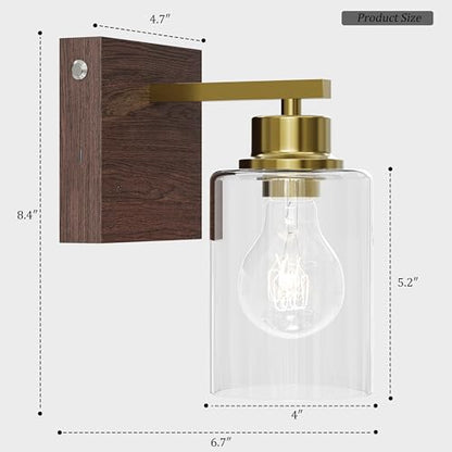 Rayogale Wireless Battery Operated Wall Sconce Set of 2 with Remote Control | Gold & Walnut Dimmable Rechargeable Wall Lights with Timer, Easy Install Glass Lamp for Living Room Bedroom, Emergency 3000K - color: Gold Walnut(Clear Lampshades)