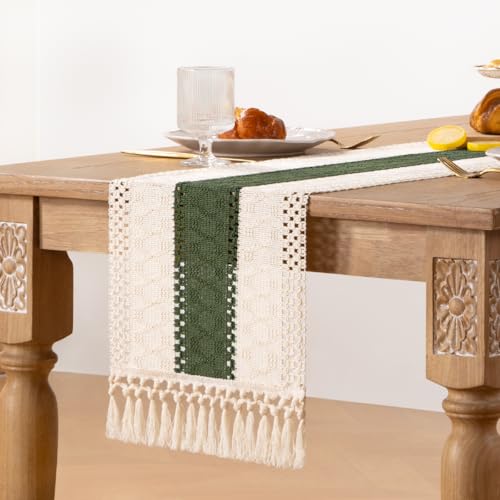 Boho Macrame Table Runner Ivory Olive Burlap Small Dresser Runner - color: Olive and White, size: 12" × 36"