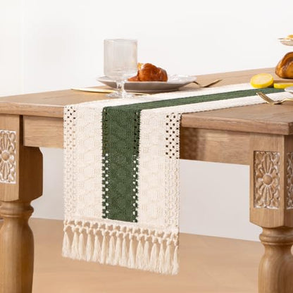 Boho Macrame Table Runner Ivory Olive Burlap Small Dresser Runner - color: Olive and White, size: 12" × 90"