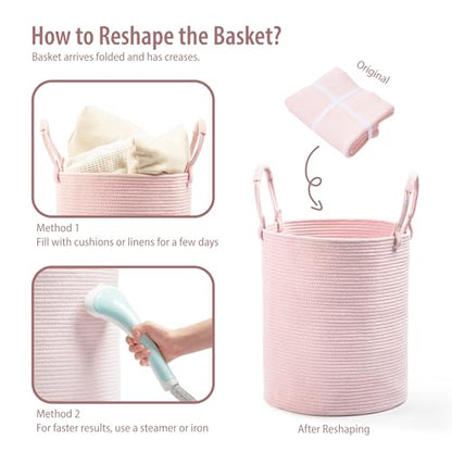 Laundry Hamper Basket, Woven Cotton Rope Blanket Basket, Nursery Storage - color: Light Pink, size: 16"D x 22"H