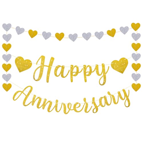 Pre-Strung Happy Anniversary Banner, Happy Anniversary Decorations Glitter Wedding Bunting Banner Flag No DIY Party Decoration Garland for Anniversary