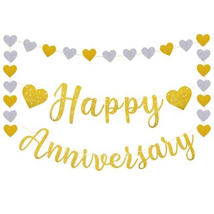 Pre-Strung Happy Anniversary Banner, Happy Anniversary Decorations Glitter Wedding Bunting Banner Flag No DIY Party Decoration Garland for Anniversary