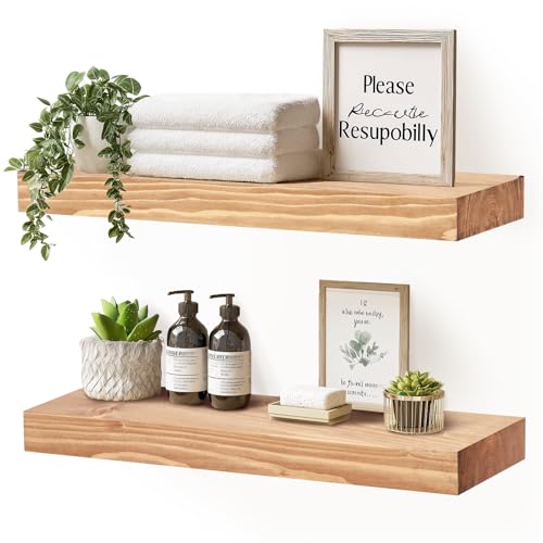 Solid Wood Floating Shelves, 17 Inch Wall Shelves, Set of 2, Oak - color: Oak, size: 17x8x1.6