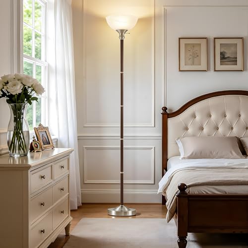 EJIAXIN 72" Wood Torchiere Floor Lamp with Glass Shade Walnut Standing Lamp - color: Walnut