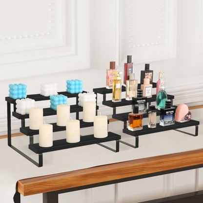 YINMIT Wooden Display Riser Stand, Tiered Perfume and Cologne Organizer Stand, 4 Tier Spice Rack Organizer, Rustic Display Shelf for Candles (4 Tier,2Pack,Black) - color: 4 Tier,2 Pack,Black