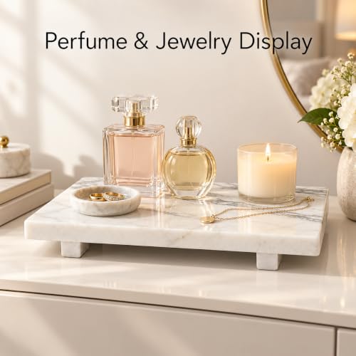 White Marble Pedestal Tray, 13.8-Inch Bathroom Vanity Counter Organizer - color: White Marble-13.8 in