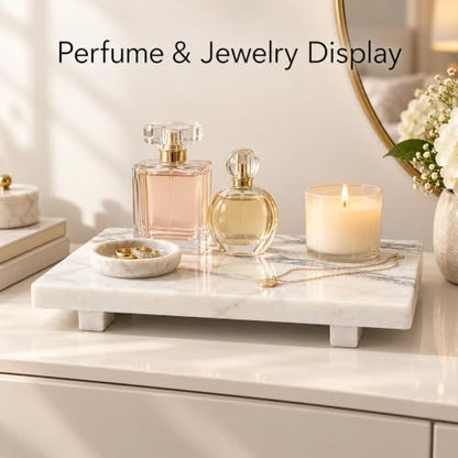 White Marble Pedestal Tray, 13.8-Inch Bathroom Vanity Counter Organizer - color: White Marble-13.8 in