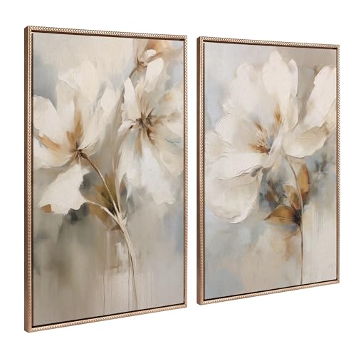 Kate and Laurel Sylvie Beaded Abstract Botanical Floral Linen Painting 1 and 2 Vintage Framed Canvas Wall Art Set by The Creative Bunch Studio, 2 Piece Set 28x38 Beaded Gold - color: Beaded Gold, size: 2 Piece Set 28x38