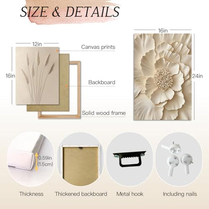 Hianan Wrapped Canvas Neutral Beige Botanical Wall Art Set of 3, 16x24 in - color: Beige, size: 24"L x 16"W