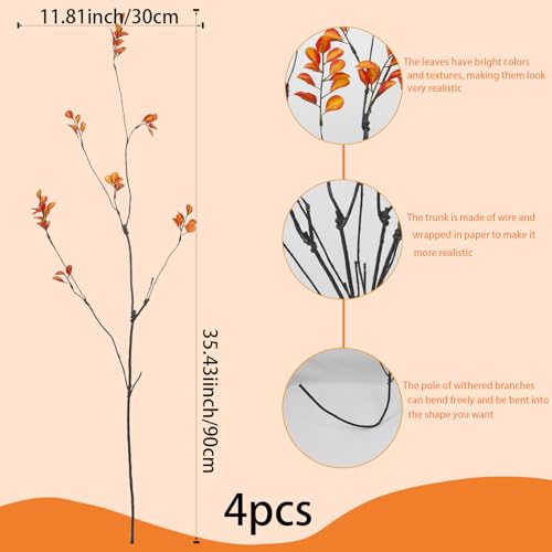 4 Pcs Fall Branches for Vase Artificial Greenery Stems Realistic Fake Ficus Twig Plants Orange Leaves for Vases Filler Home Fireplace Table Centerpieces Office Party Wedding Shop Autumn Decor - color: Orange