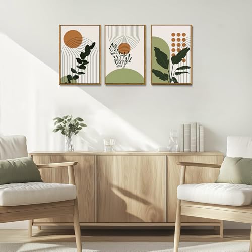 Boho Botanical Abstract Framed Canvas Wall Art Set of 3, 16x24 inch - color: Botanical, size: 16"x24"Natural